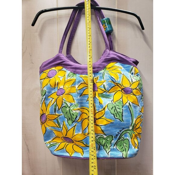 Sally Huss Canvas Tote Yellow Flower Field Beaded, Purple Trim, missing zip pull - Picture 7 of 12